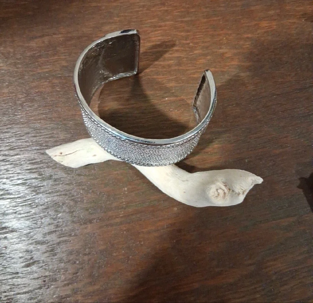 Silvertone Textured Wide Cuff Bracelet Very Good Condition